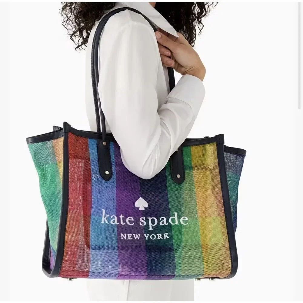 NWOT Kate Spade Ella Extra Large Rainbow Mesh Bag Tote Zip Top Embroidered Logo